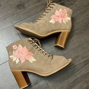 Taupe Suede Lace-Up Ankle Boots with Pink Rose Embroidery